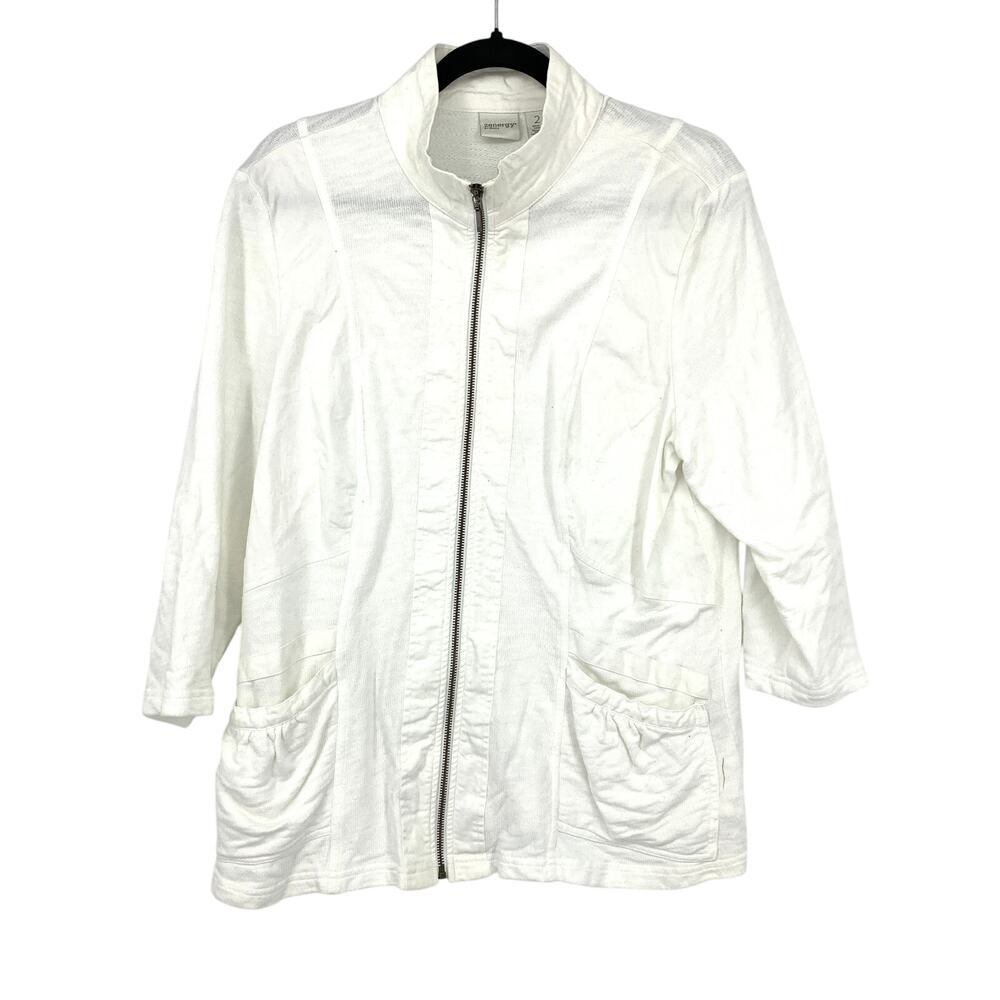 Zenergy By Chicos Full Zip Mock Neck Jacket Womens Sz 2 US L White 3/4 Sleeve